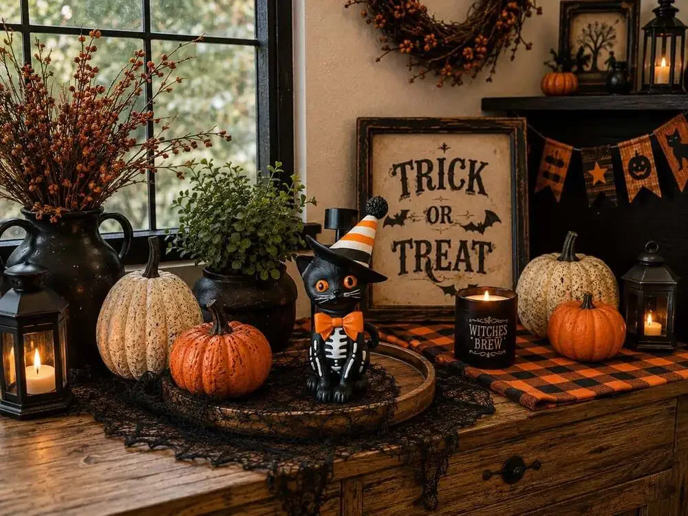 New Black Cat Skeleton With Orange Witch Hat Halloween Soap Dispenser Spooky